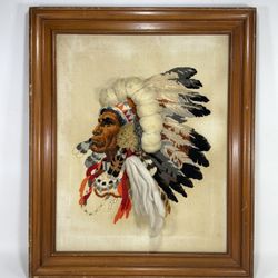 Vintage Embroidered Crewel Native American Chief Textile Art ~ 24" x 20" FRAMED