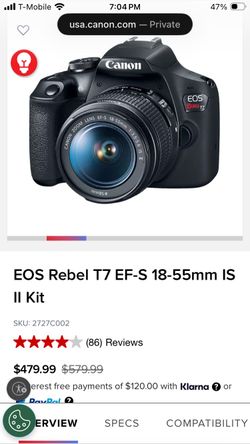 Canon EOS Rebel T7 with EF-S 18-55mm IS II Lens + Kit