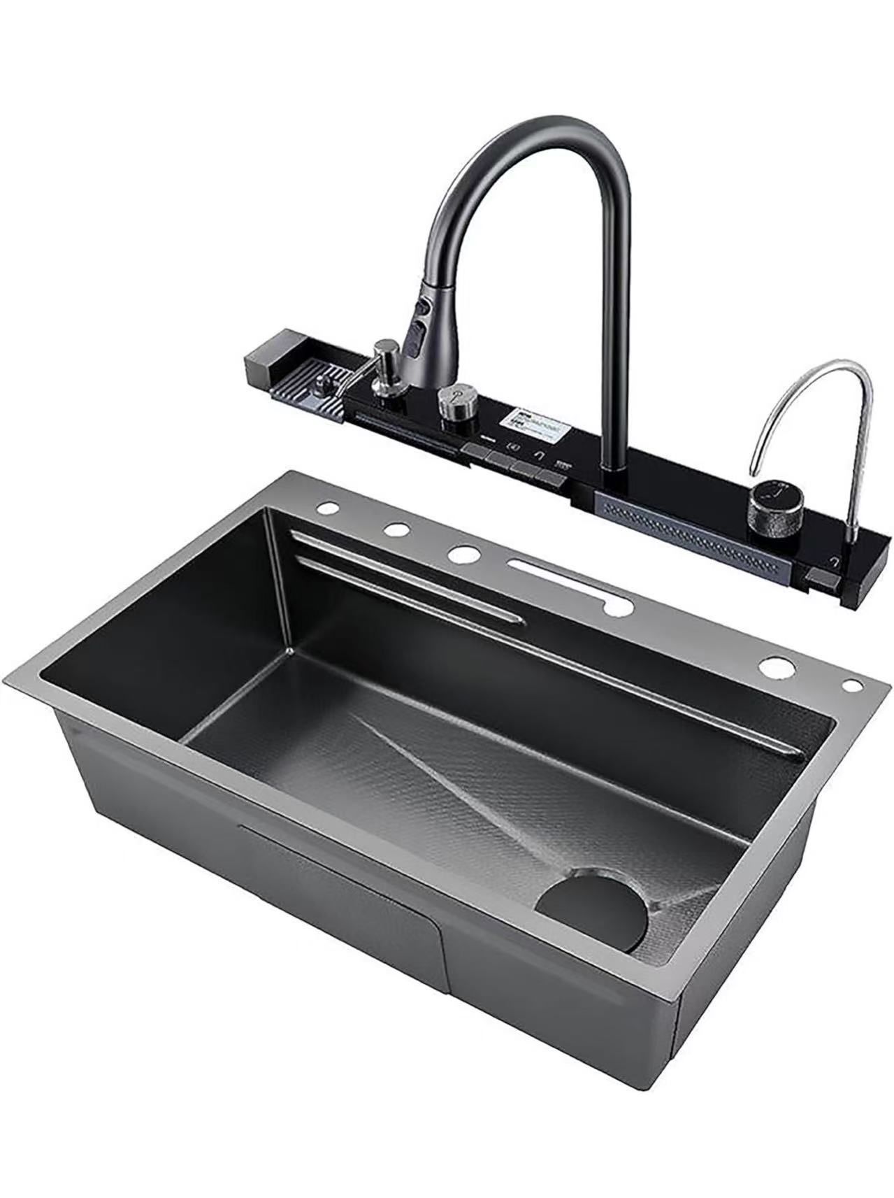 Single Bowl Kitchen Sink | 304 Stainless Steel Grade | Honeycomb Embossing & Digital Display Technology Sink | 360° Rotatable Spout | 5 Water Outlet M