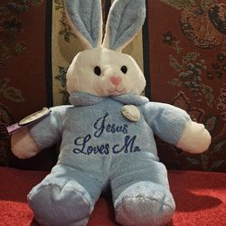 EASTER DAN DEE  BLUE "JESUS LOVES ME" PAJAMA  SOFT PLUSH BUNNY RABBIT W/SOUND