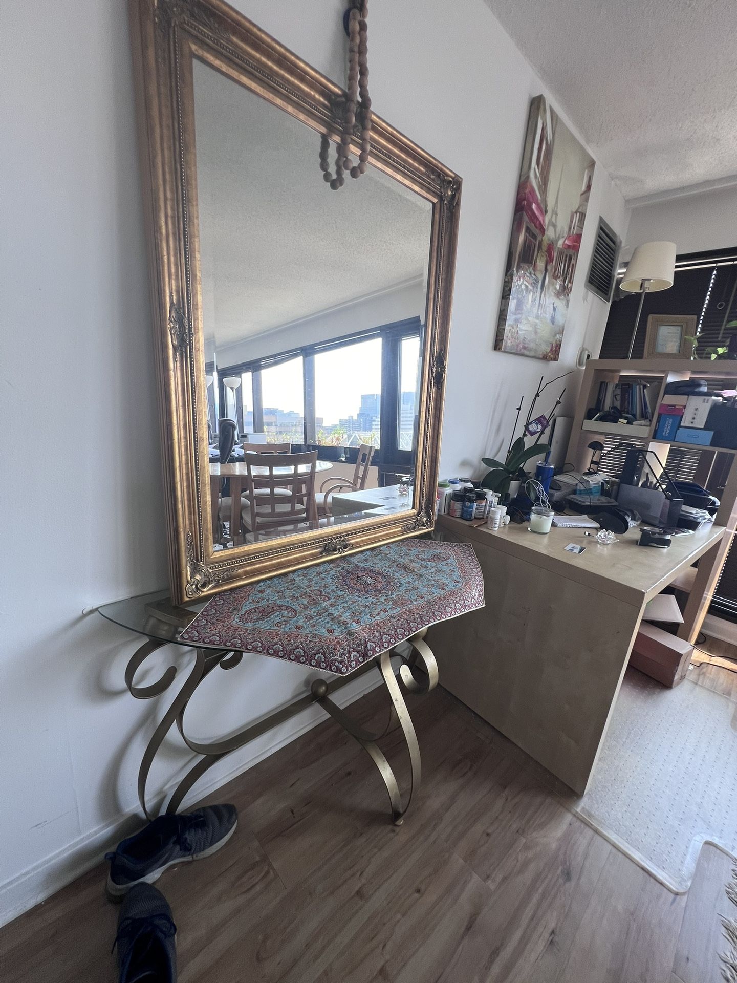 Gold 36" x 48" Wall-Mounted or Standing Mirror with Stand
