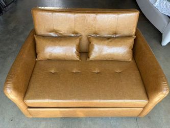 Tan Leather Loveseat Sofa with Tufted Cushions
