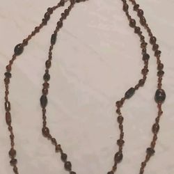 Vintage Amber/ Root beer Glass Bead Bohemian Neclace Gold Swirl Continuous Chain