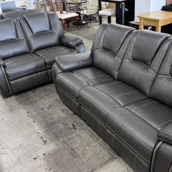 BRAND NEW 2pc Living Room Set, Reclining Sofa + Loveseat, Breathable Air Leather Dark Gray 