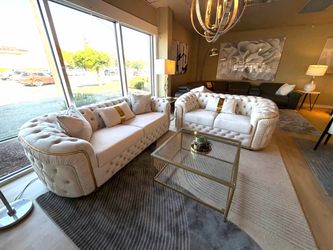 Cream Tufted Chesterfield Sofa and Loveseat Set