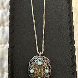 Vintage 800 Silver & Turquoise Filagree 3D shell Pendant & 925 Italy Box Chain.
