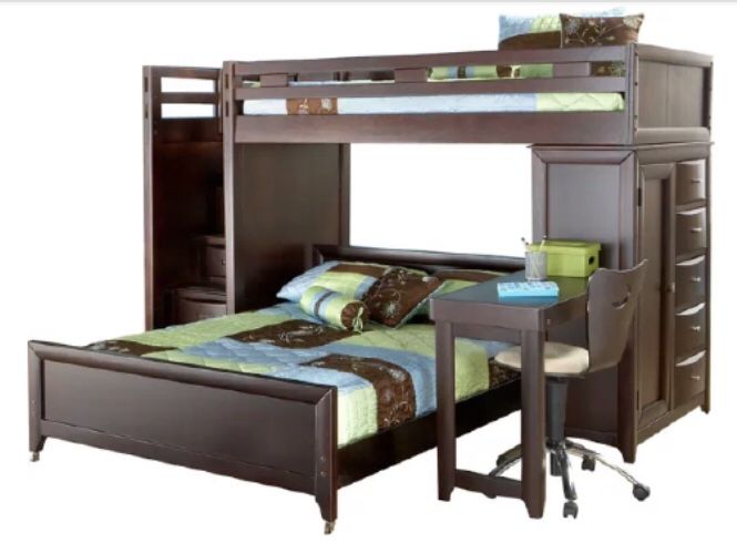 wooden bunk bed, drawer, side desk & memory foam mattress