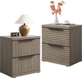 22" Fluted Nightstands Set of 2 Night Stand with 2 Drawers Modern Bedside Table for Bedroom, Mid Century Bed Side Tables Bedroom, Grey Alder