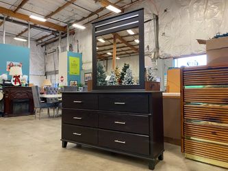 CORT FURNITURE Dakota Skyline 6 Drawer Espresso Stained Dresser with Mirror and Silver Accents