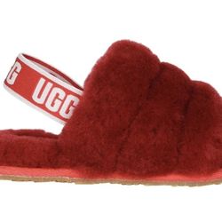 Women Red Uggs Furry Slides Size 10