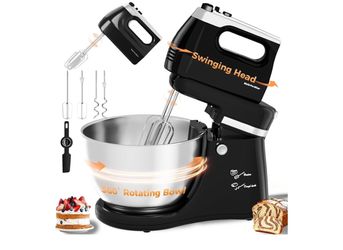 4.8QT 2-in-1 Stand Mixer, Black Electric Kitchen Mixer, Auto-Rotating Bowl & Tilt-Head, 5-Speed 250W Turbo Baking Machine for Beginners, Beater & Doug