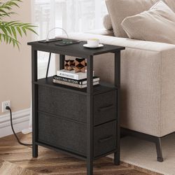 Narrow Side Table with Charging Station – Black