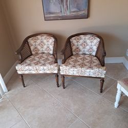 Pair Vintage Cane And Wood Barrel Chairs