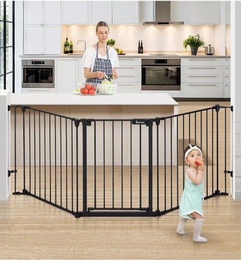 #2566- COMOMY 80" Extra Wide Baby Gate, Dog Gate for House Stairs Doorways Fireplace, Auto Close Pet Gate with Door Walk Through, 3 Metal Panels, Hard