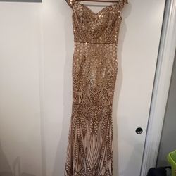 Women Sexy V Neck Off Shoulder Floor Length Sequin Gold Wedding Evening Party Maxi Dress, S