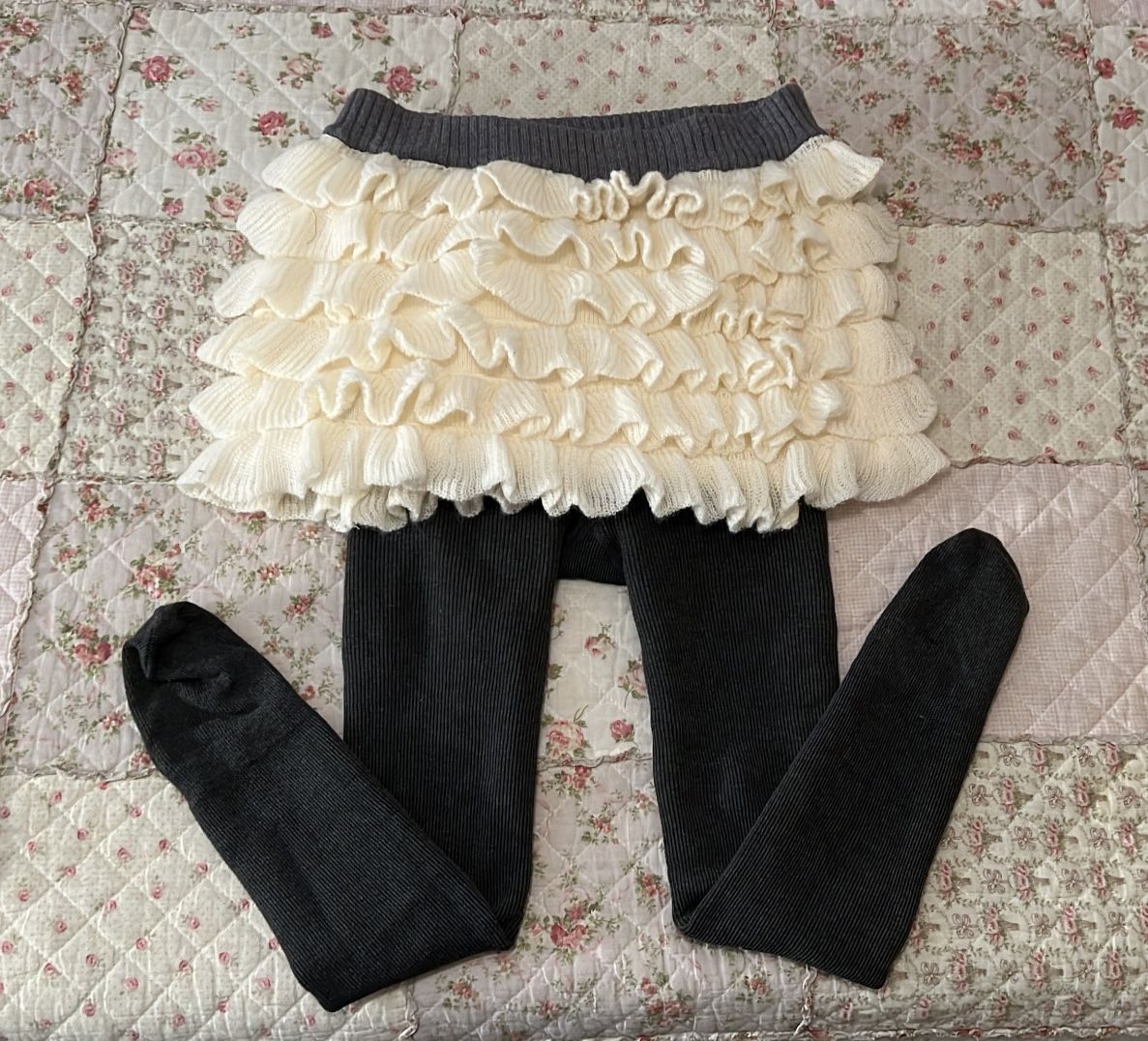 white frilly ruffle skirt + gray fleece tights 2pcs