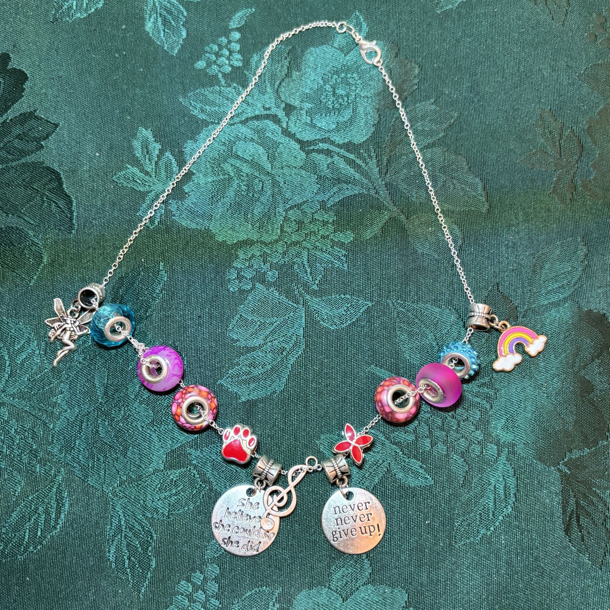 Sterling Silver S925 Charm Necklace – Rainbow, Fairy, Beads & Inspirational Charms 