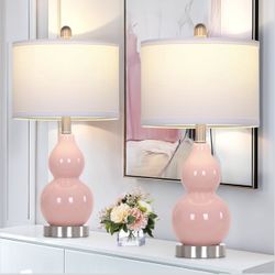 Double Gourd Ceramic Table Lamps Set of 2, Modern Pink Bedside Lamps for Night Stand, Contemporary Nightstand Lamps for Bedroom Living Room (Bulb Incl