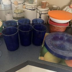 Vintage Blue Glass cup, plates, and wines