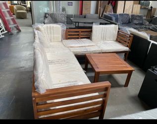 Assembled New 4-Piece Outdoor Sectional Furniture Set Acacia Wood Patio Sofa Set w/ Coffee Table