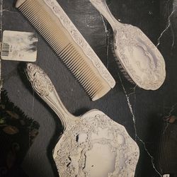 Ornate Vintage Vanity Set Silver Tone Mirror Brush Comb NOS