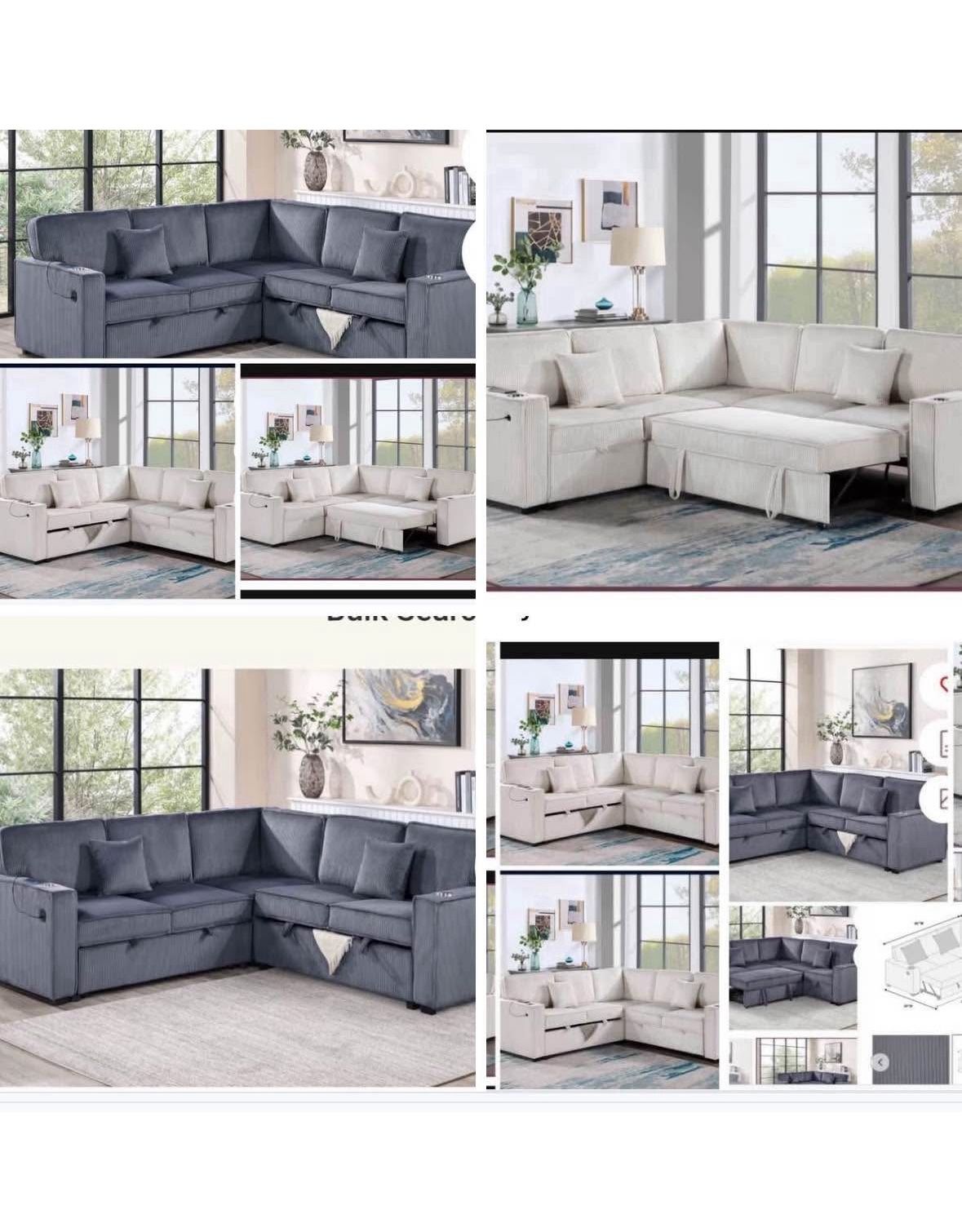$528 Sectional  Pull Out Bed With Storage USB Cup Holder Available,I Ivory,Dark Gray,Corduroy