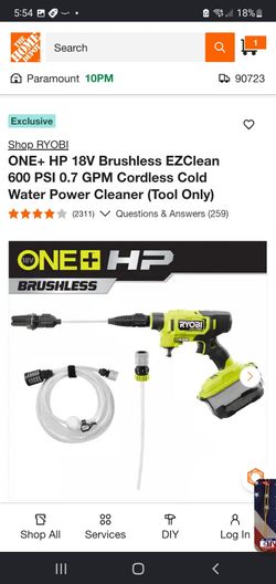 ONE+ HP 18V Brushless EZClean 600 PSI 0.7 GPM Cordless Cold Water Power Cleaner