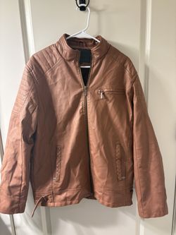 Brown Faux Leather Motorcycle Style Jacket - Zip Front, Quilted Shoulders