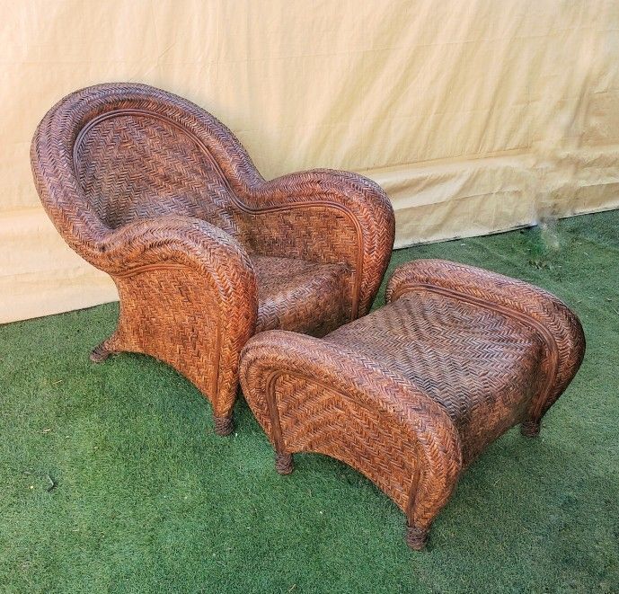 Pottery Barn rattan wicker chair & ottoman