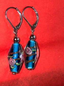 Vintage Murano Venetian Glass Bead Earrings Pink Roses Gold Aventurine Swirl Drop