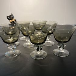 Swedish Crystal 1960s Ingrid Gulli 8 Smoky Lobed Stem Cocktail Glasses, 4.5”