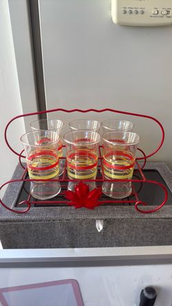 6 Retro Striped Glasses with Red Metal Caddy