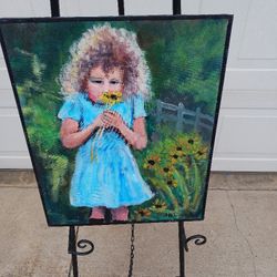 Impressionist Little Girl With Daisy Flower Acrylic On Blick Panel Signesd JA Turek