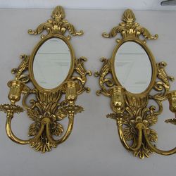 Ornate Solid Brass Oval Mirror Double Candle Holder Wall Sconces 21"
