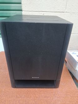 Bayaudio subwoofer featuring a front-facing slot port and a black textured finish.