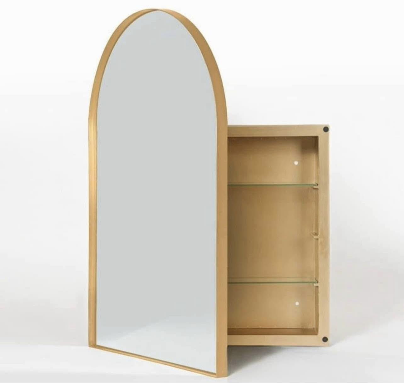 36" x 24" Arched Bathroom Mirror Cabinets Medicine Cabinet with 2 Adjustable Shelves, Recess or Surface Mounted Installation,, Gold