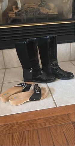 Black Patent Knee-High Boots & Dr. Scholl's Sandals
