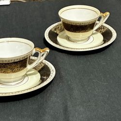 Antique Ucagco China Demitasse Tea Cup and Saucer Black & White Gold Trim Occupied Japan