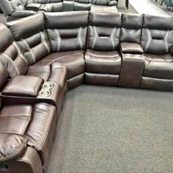 New Reclining Sectional.  Brown Or Grey Gel Leatherette.  106” X 106”.  Free Delivery!