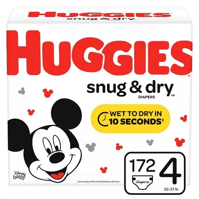 4 boxes of Huggies snug & dry diapers 2 size 4 172 count and 2 size 5 132 count