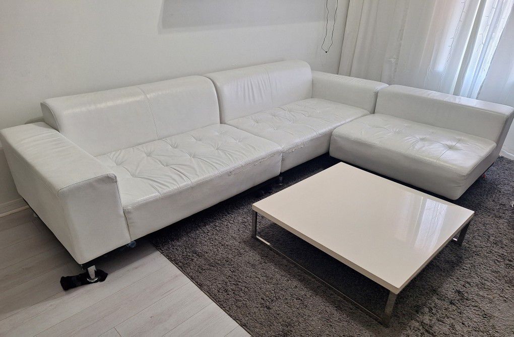 White Leather Sectional Modular Sofa Couch And Coffee Table
