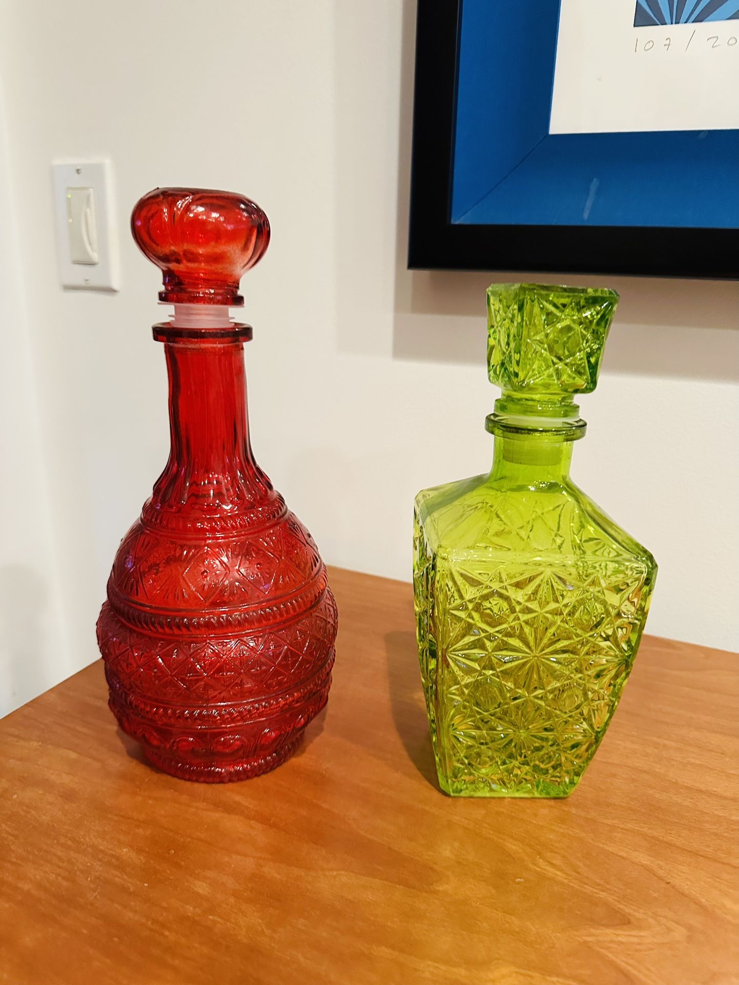 Two Colorful Decanters In Red And Green!