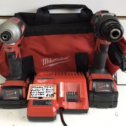Milwaukee M18 18V Brushless 1/2” Hammer Drill & Impact Driver Kit W/ 2 batteries & Charger 