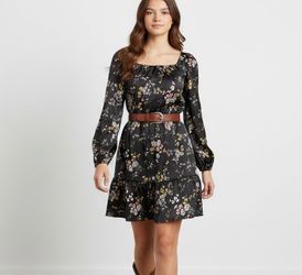 NEW Abercrombie Kids Satin Dress Girls size 15/16  Black Floral Pattern Long Sleeves NWT