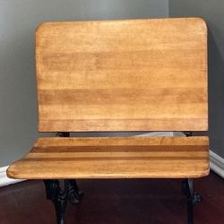 Super Cute Vtg Antique ASC Industrial Child School Desk Folding Chair Seat Cast Iron & Wood Buffalo #4.. 28 depth with seat out 26 height 13 depth de
