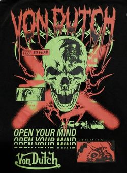 Brand New With Tag Von Dutch Graphic T-Shirt Skull "Open Your Mind" Black Y2K Men's Medium