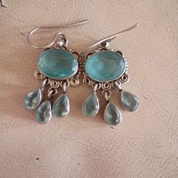 Blue Topaz  Gemstone Solid 925 Sterling Silver Dangle Earrings