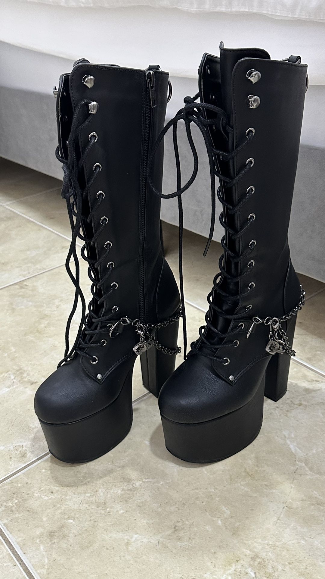 Black Sexy Lace Up Knee High Boots