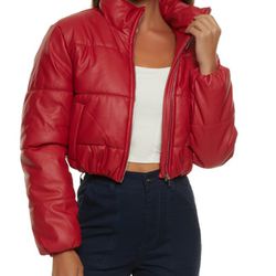 Trendy Faux Leather Cropped Jacket Red