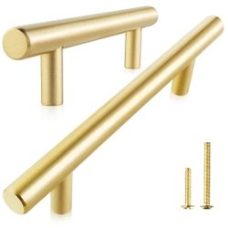 New 5-Pack Solid Brass Cabinet Pulls, Gold Euro Style T Bar Handles, 6-1/4-Inch Hole Center for Kitchen Drawer Dresser Cupboard, 8.7-Inch Total Length